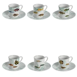 Amami Set di 6 tazze da caffè espresso in porcellana con pesci tropicali