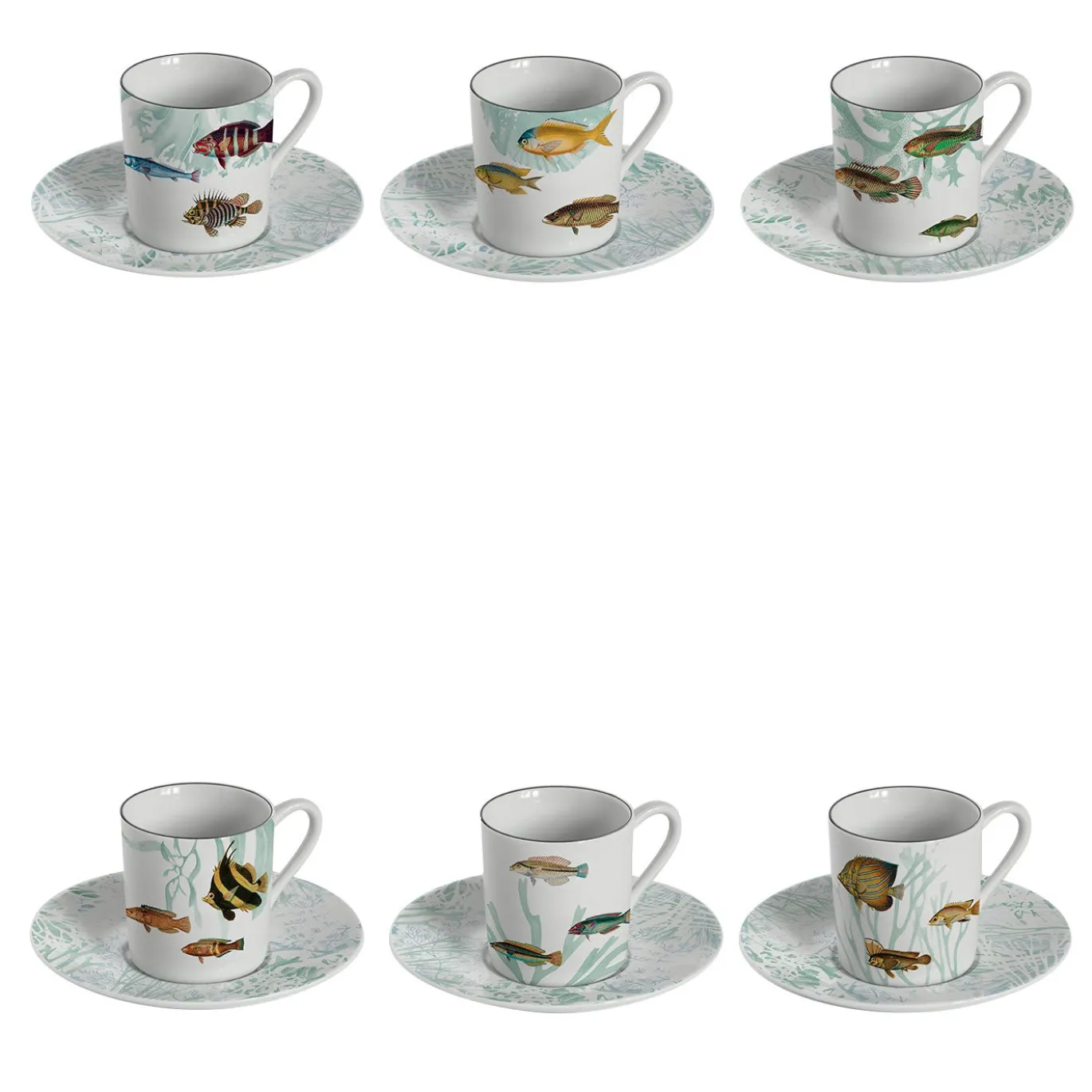 Amami Set di 6 tazze da caffè espresso in porcellana con pesci tropicali