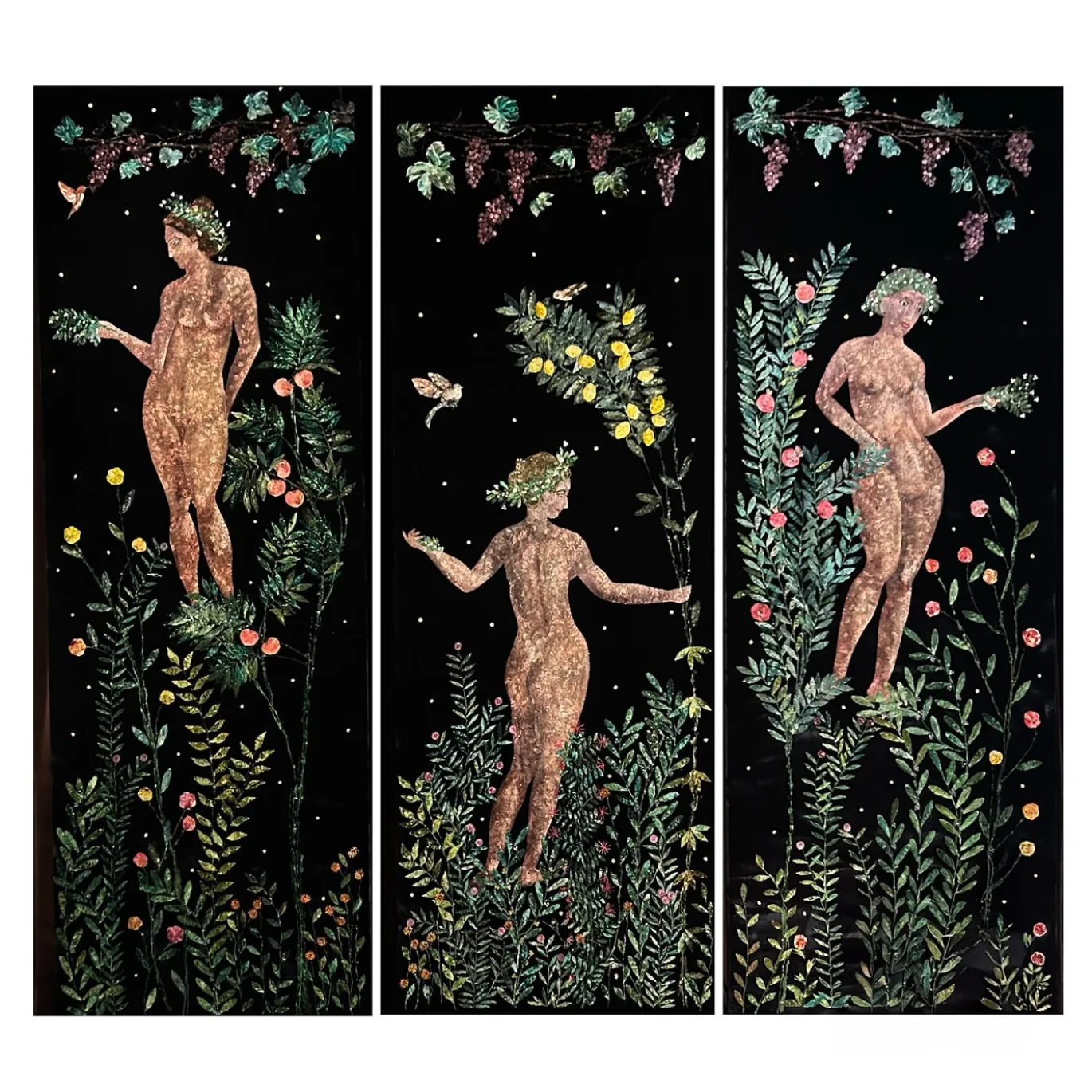 Arazzo Florae Incantata a tre pannelli in velluto nero