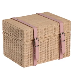 Bauletto portagioie Stella in legno intrecciato a mano con cinturini in pelle rosa
