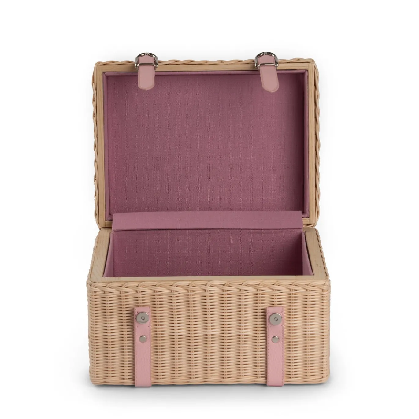 Bauletto portagioie Stella in legno intrecciato a mano con cinturini in pelle rosa