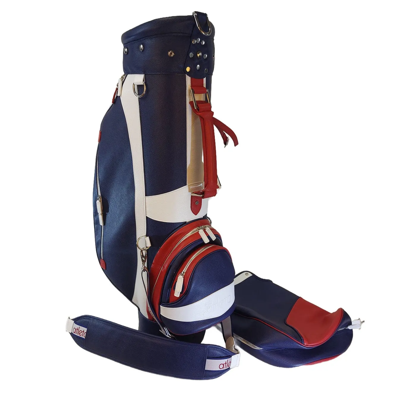 Borsa da golf in pelle blu e rossa