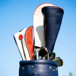 Borsa da golf in pelle blu e rossa