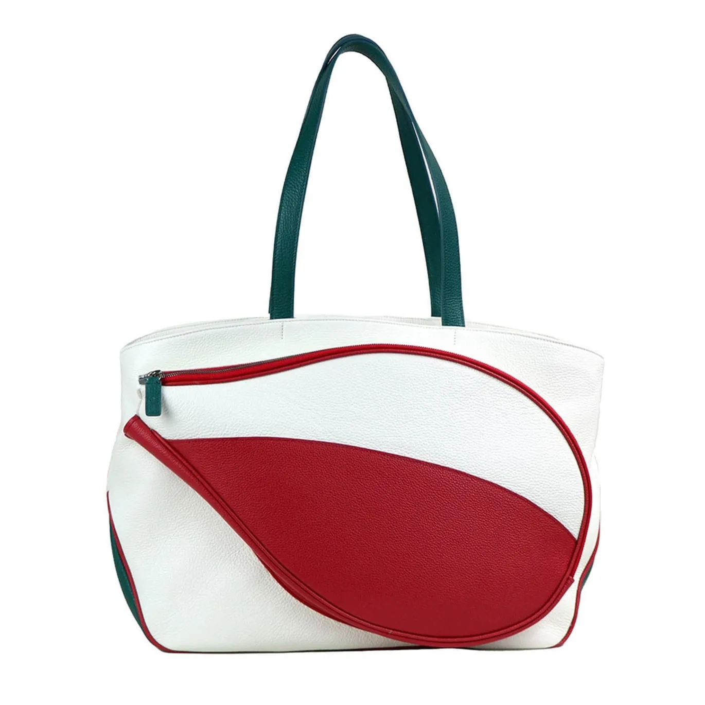Borsa sportiva bianca e rossa con tasca a forma di racchetta da tennis