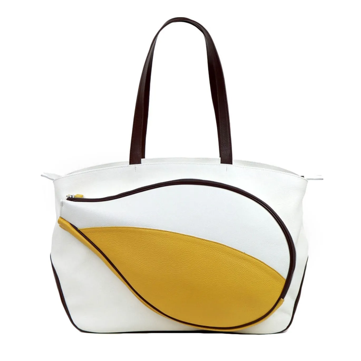 Borsa sportiva bianca/gialla/marrone con tasca a forma di racchetta da tennis