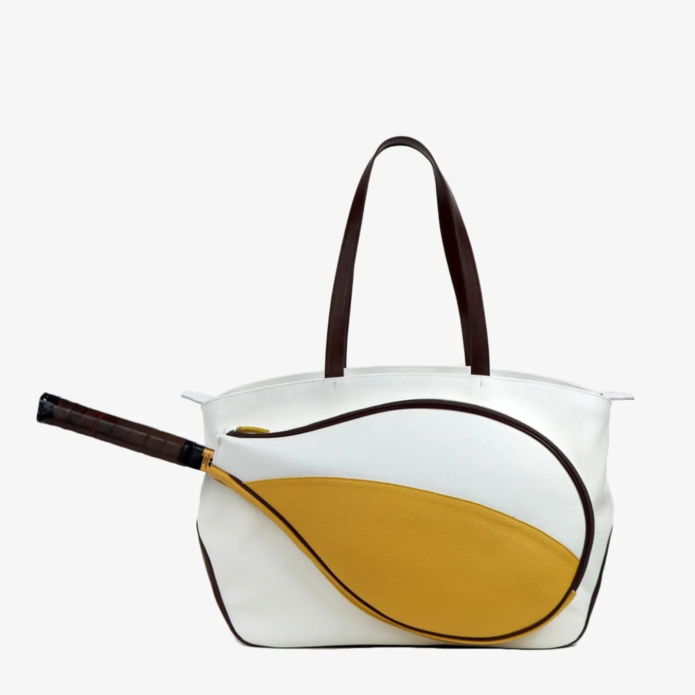 Borsa sportiva bianca/gialla/marrone con tasca a forma di racchetta da tennis