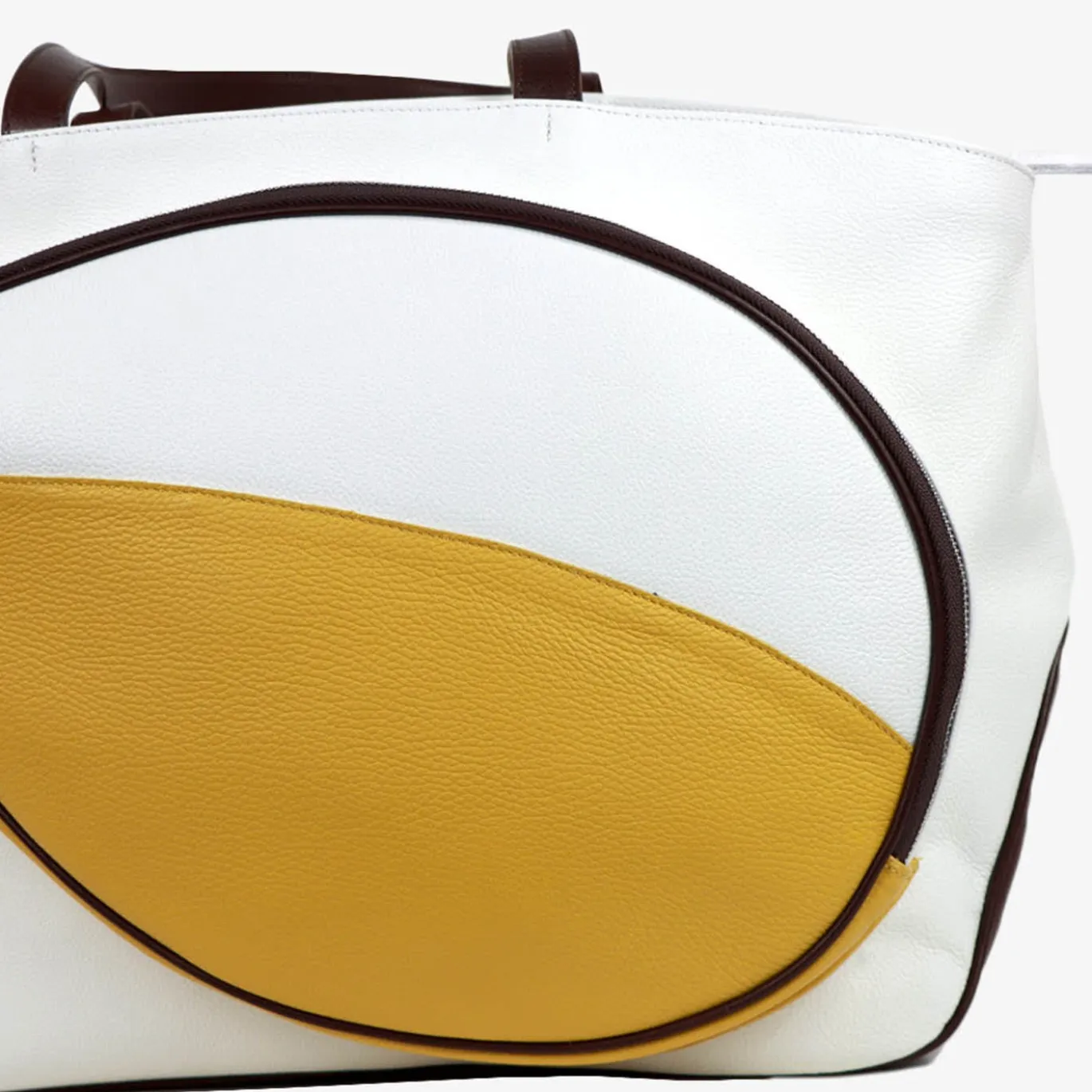 Borsa sportiva bianca/gialla/marrone con tasca a forma di racchetta da tennis