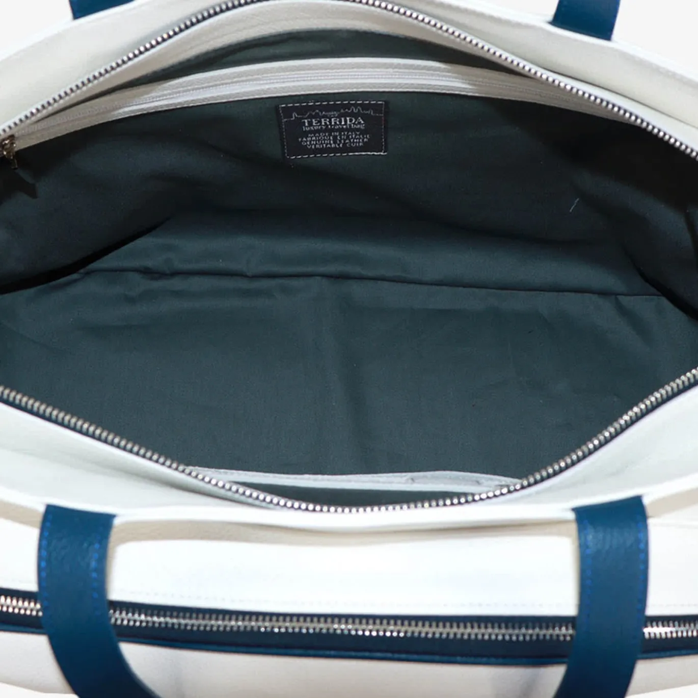 Borsa sportiva bianca/rossa/blu con tasca a forma di racchetta da tennis
