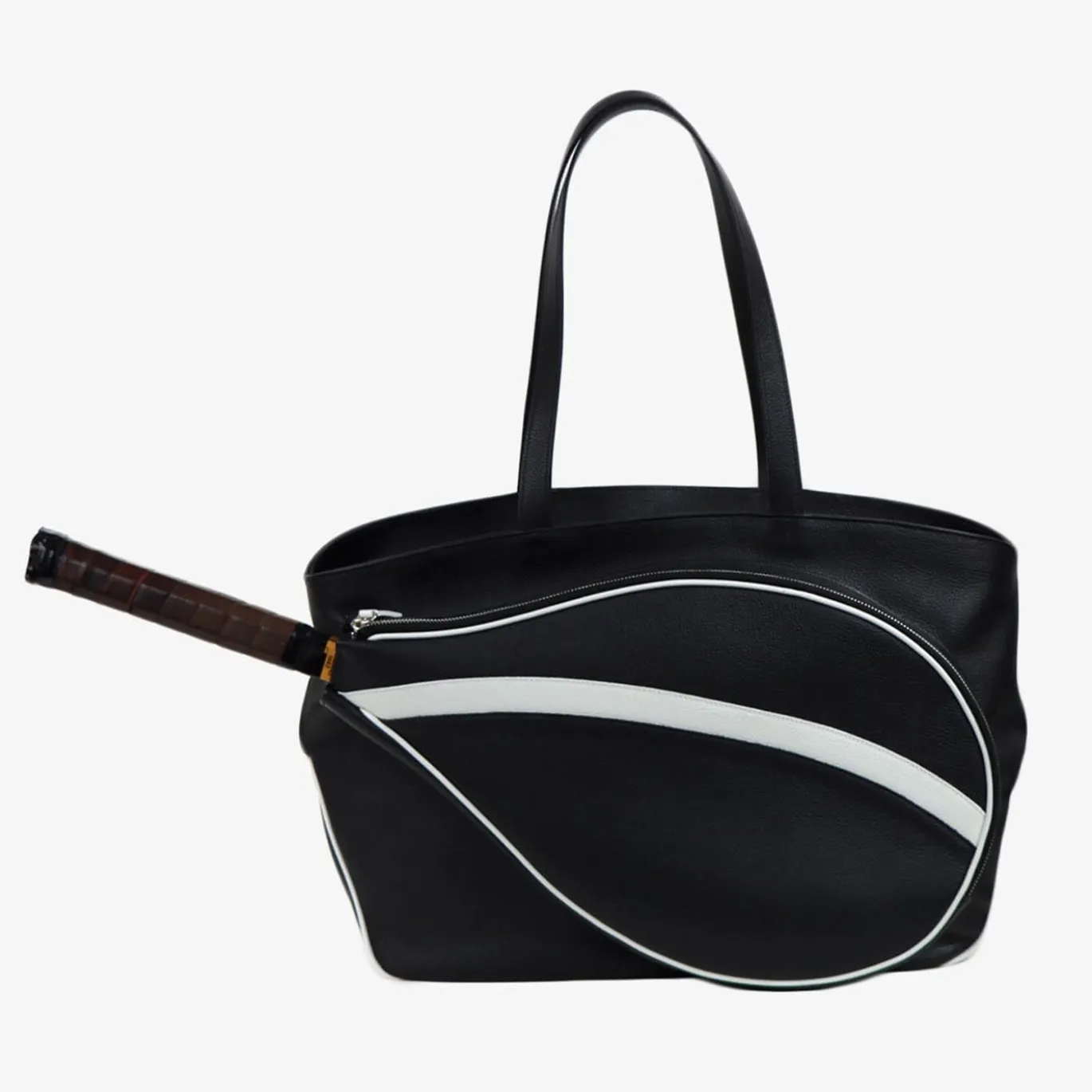 Borsa sportiva in bianco e nero con tasca a forma di racchetta da tennis