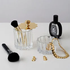 Box alta in cristallo con coperchio in stile Art Deco placcato oro