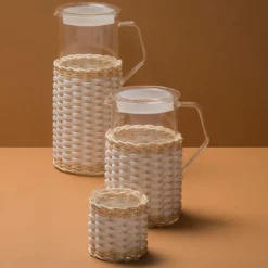 Brocca di vetro in pelle e rattan Marseille - Bianco