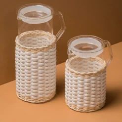 Brocca di vetro in pelle e rattan Marseille - Bianco