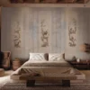 Carta da parati Chinoiserie beige e azzurro chiaro con elementi architettonici