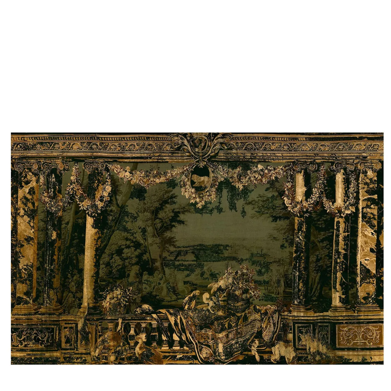 Carta da parati Flemish Tapestry con motivi architettonici multicolore