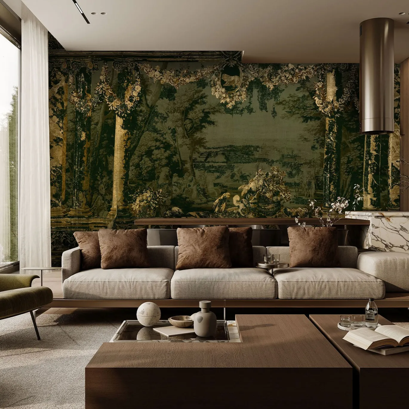 Carta da parati Flemish Tapestry con motivi architettonici multicolore