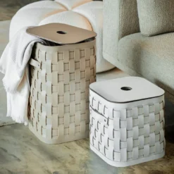 Cesta Portabiancheria Demetra Piccola Quadrata in Pelle Beige