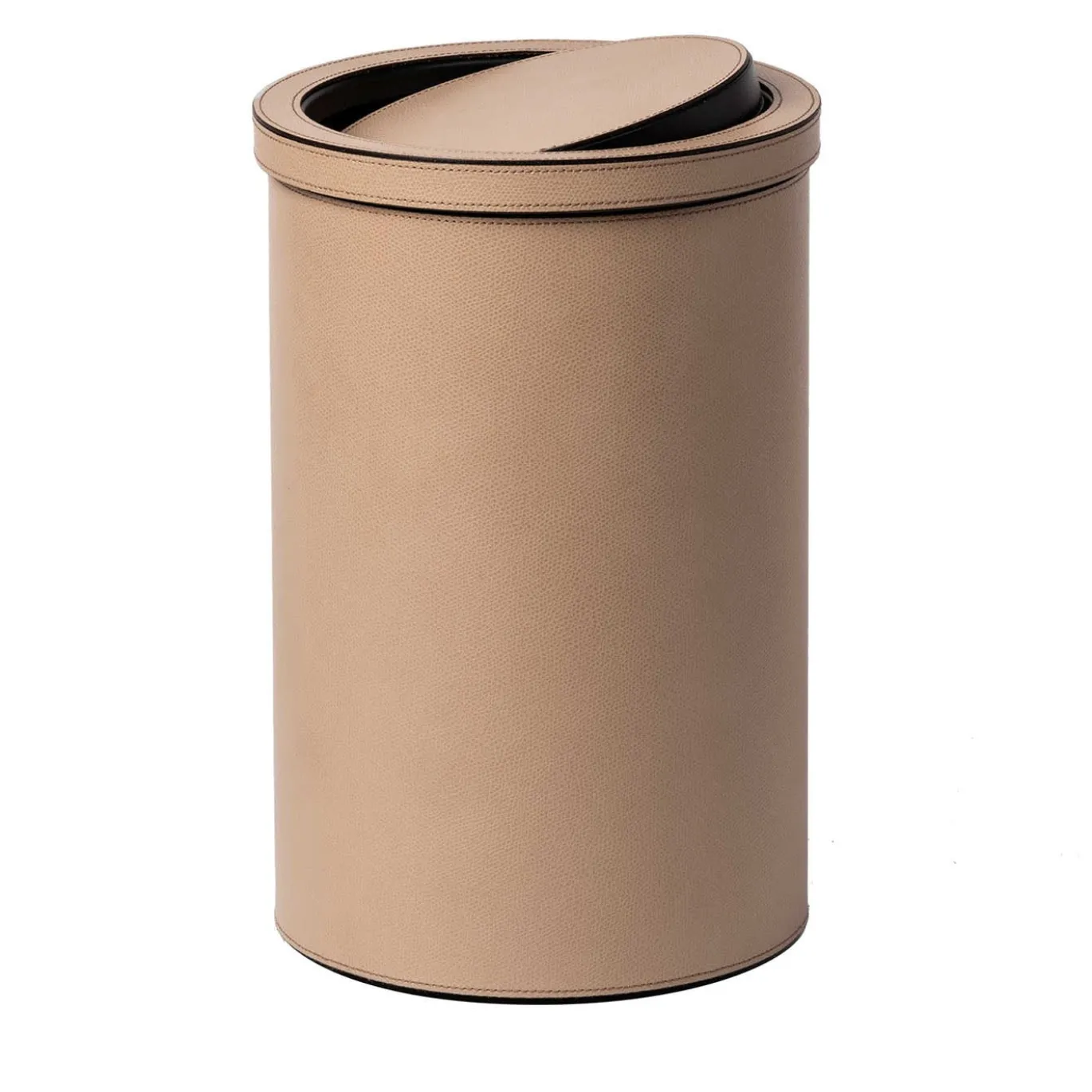 Cestino con Coperchio Basculante in Pelle Beige