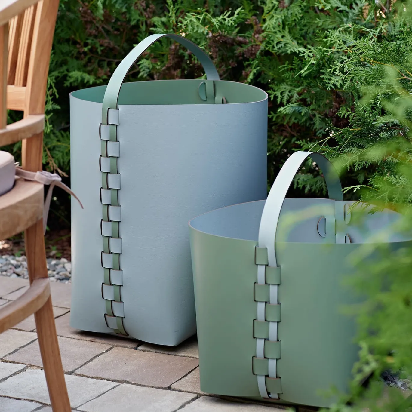 Cestino Helena in pelle Sky Blue e Eucalyptus