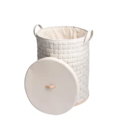 Cesto da bucato in ecopelle crema con coperchio di Ponza annodato