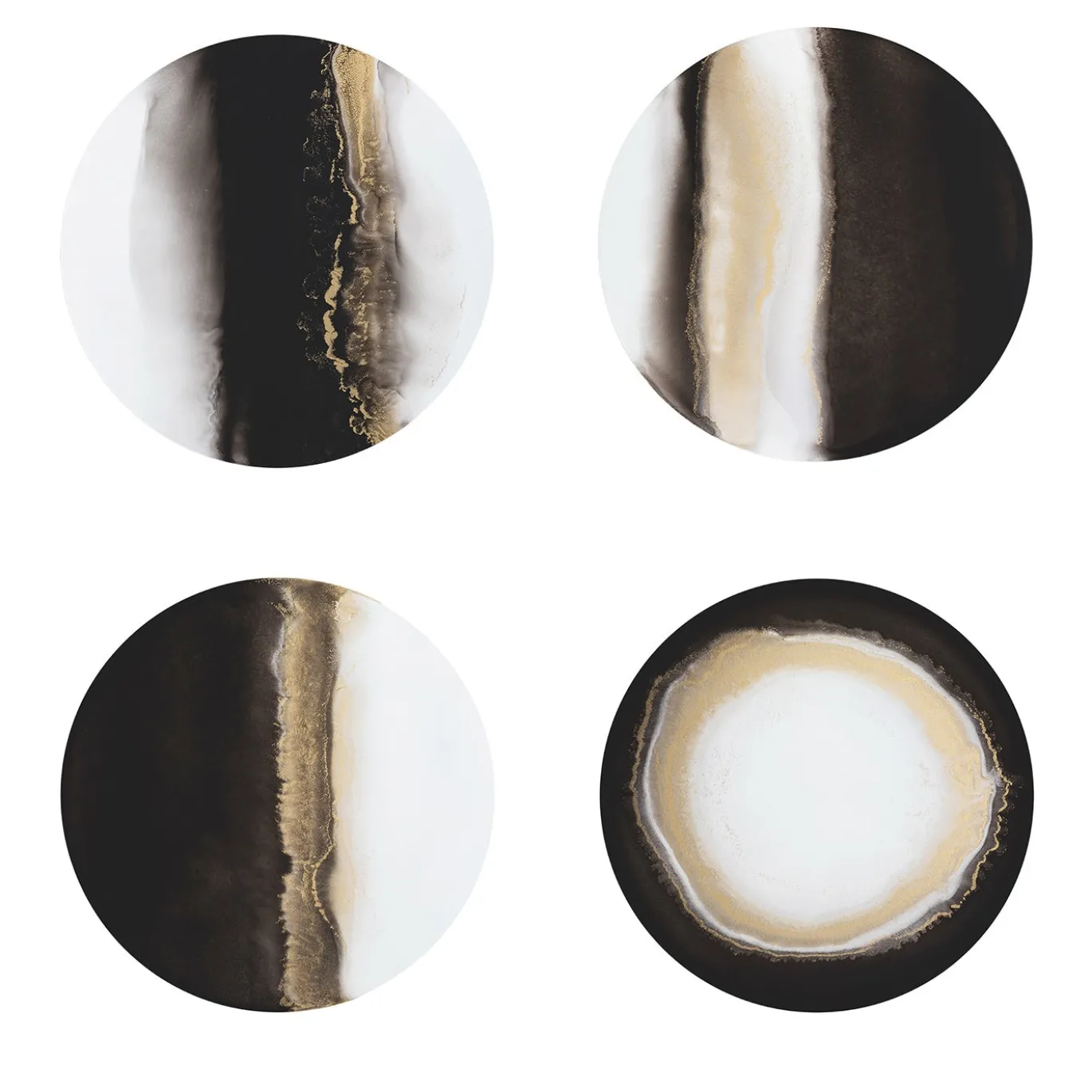 Collezione Inchiostro - Set di 4 Sottopiatti Rotondi Bianco Nero Oro