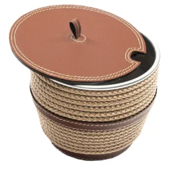 Contenitore per caffè in ecopelle beige con coperchio e inserti in corda