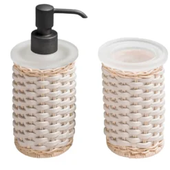 Dispenser per sapone e portaspazzolino in pelle bianca e rattan Calais