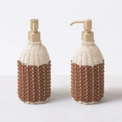 Dispenser per sapone Rouen in pelle e rattan marrone
