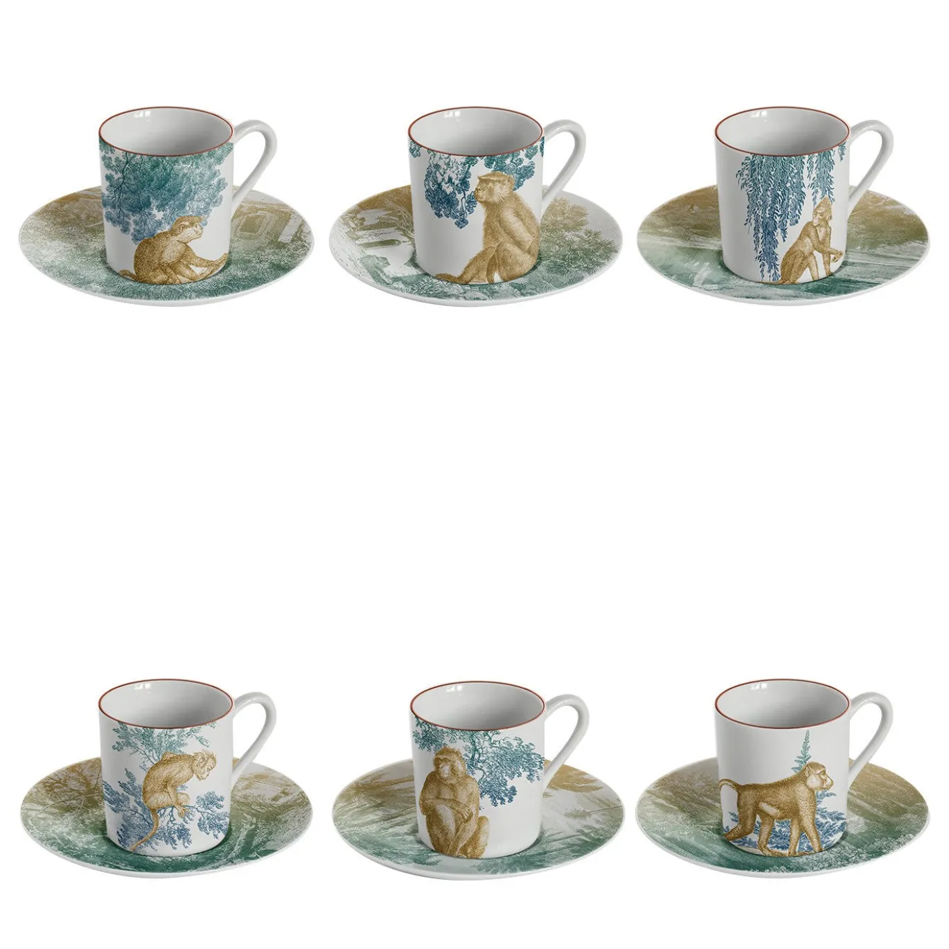 Galtaji Set di 6 tazze da caffè espresso in porcellana con alberi e scimmie