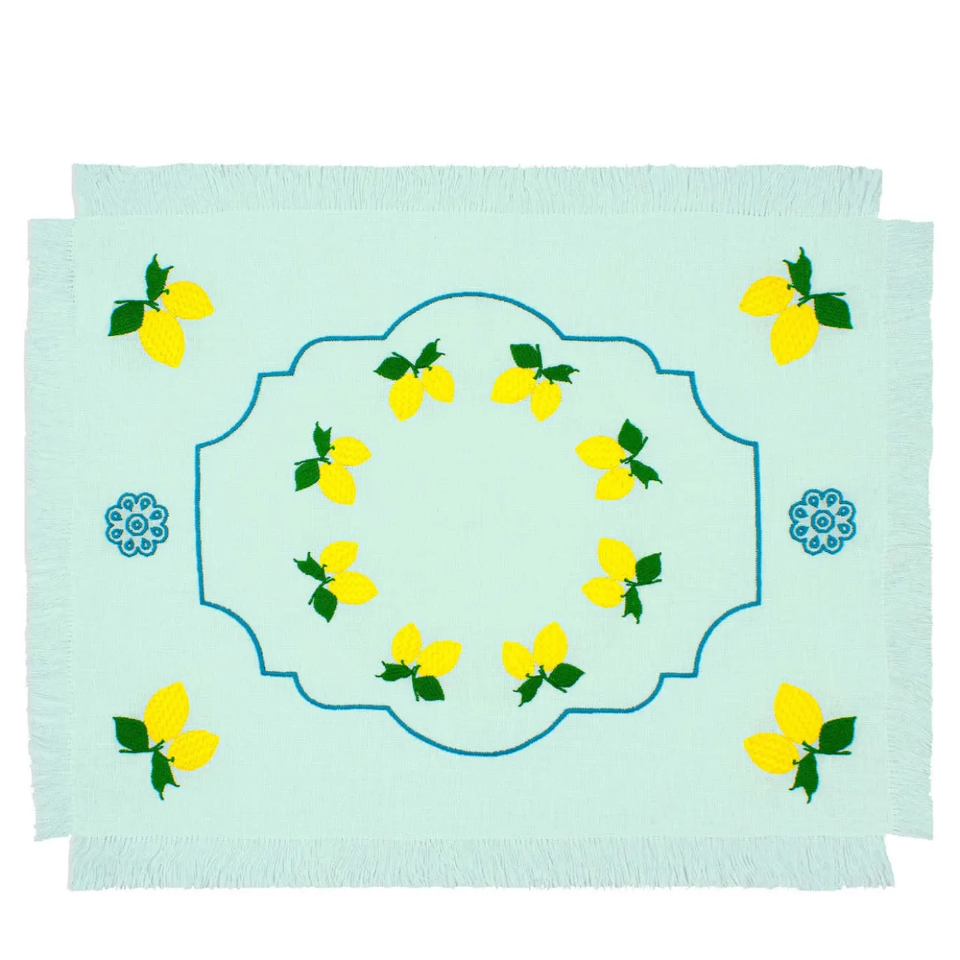 Limoni Set di 2 tovagliette ricamate con frange verde pastello