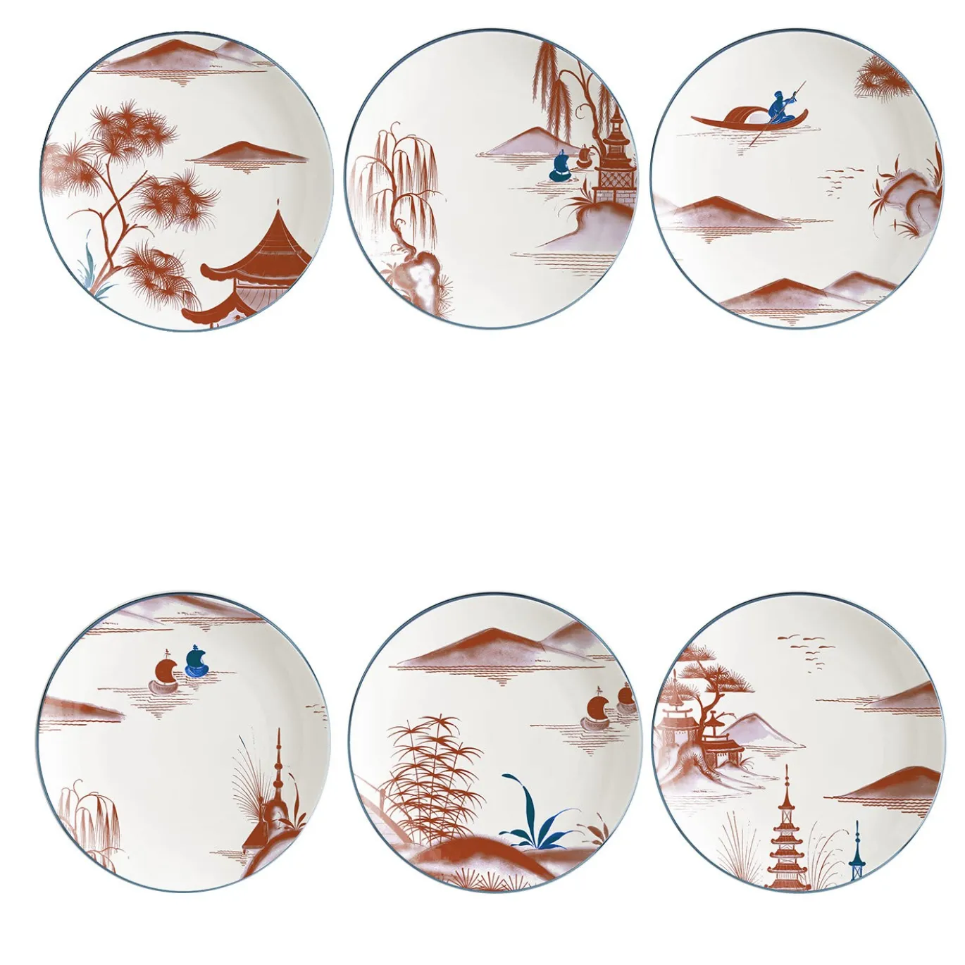 Natsumi Set di 6 piatti pane in porcellana con scene giapponesi