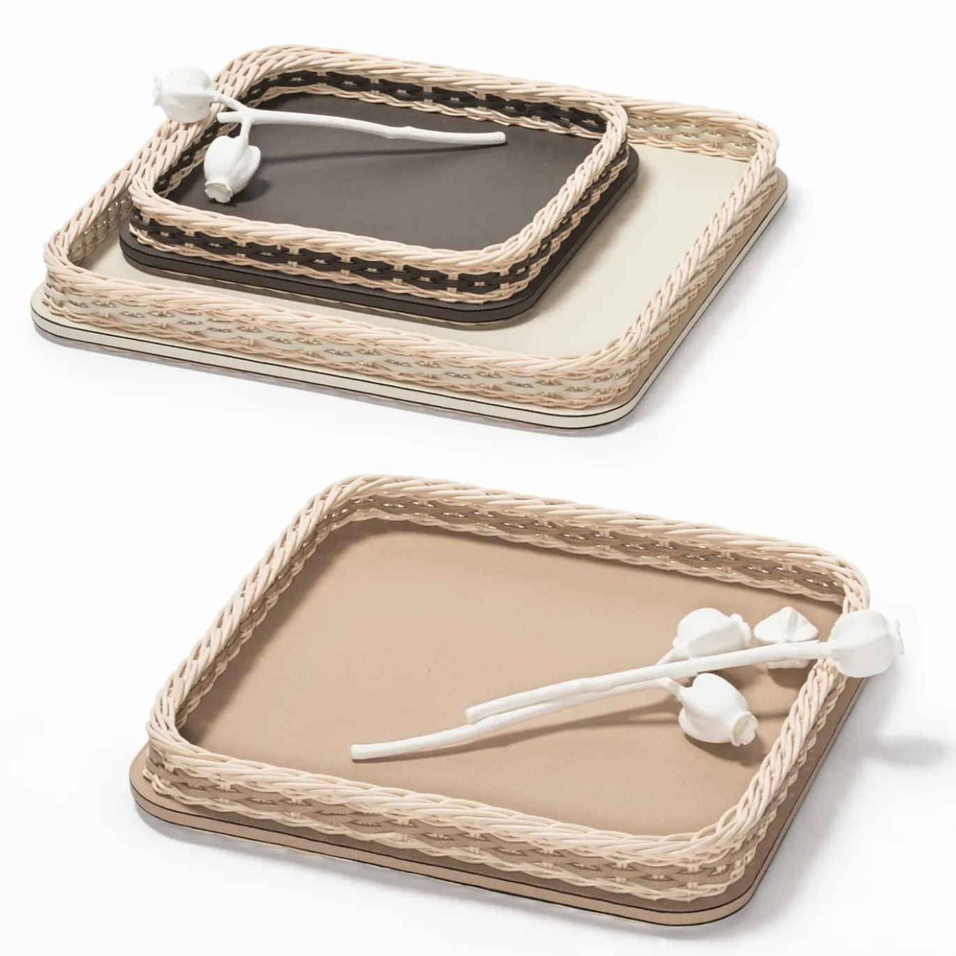 Orsay, vassoio quadrato in pelle e rattan marrone