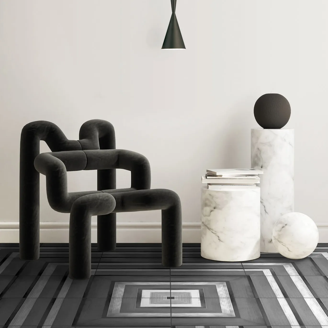 Piastrella Geometrie D’Ombra In Ceramica Nero Carbone Motivo Quadrato