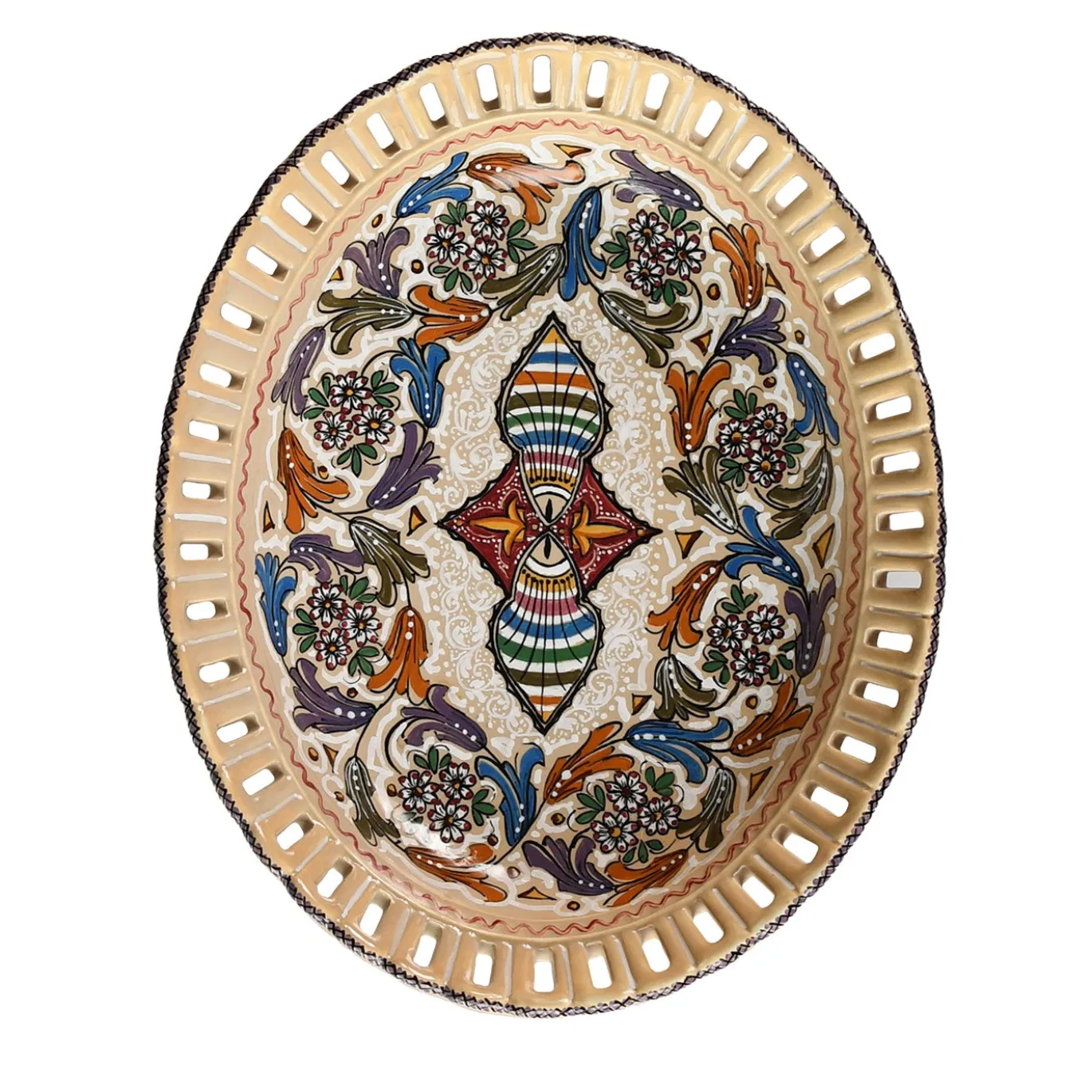 Piatto da portata in ceramica policroma con bordi traforati