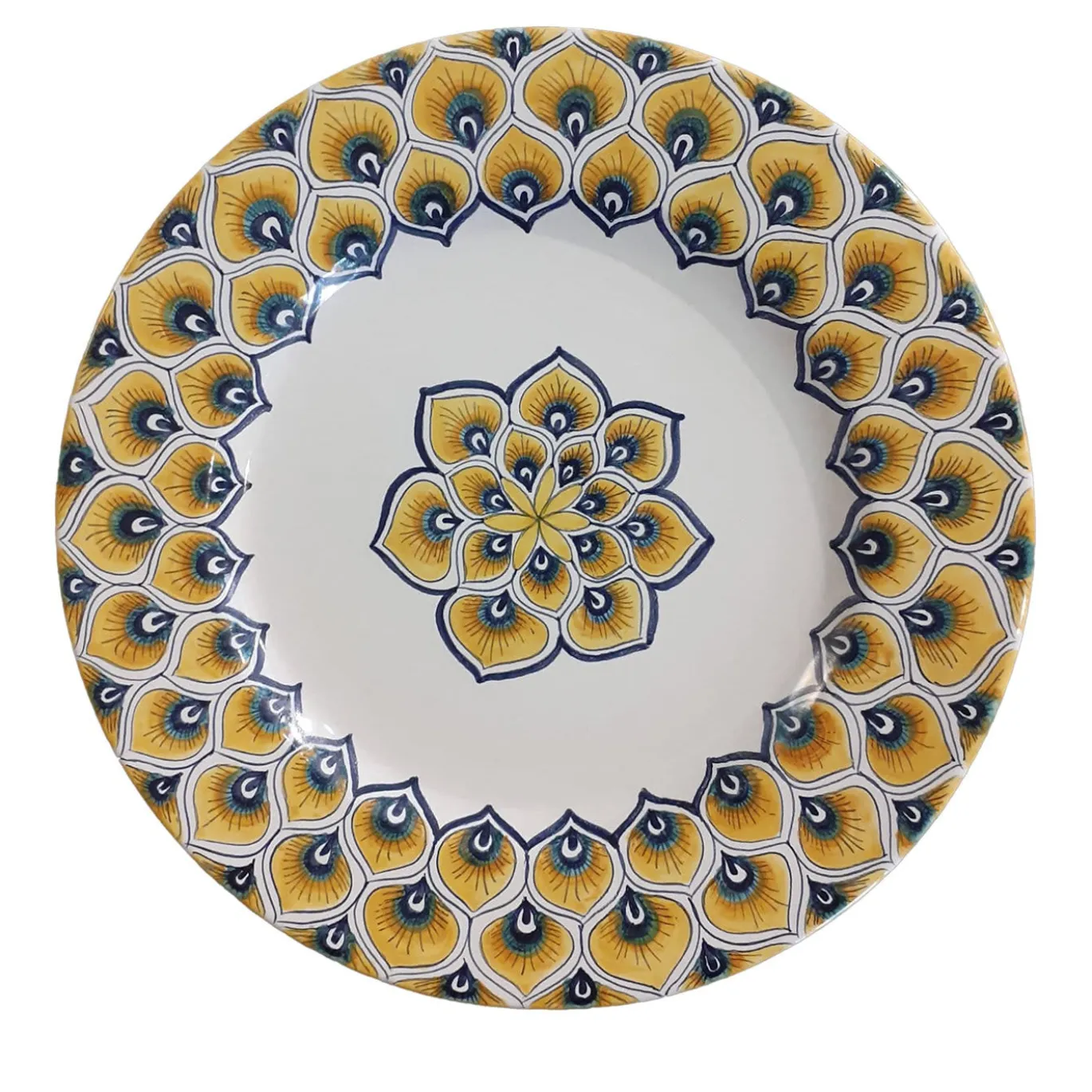 Piatto da pranzo con piume di pavone giallo