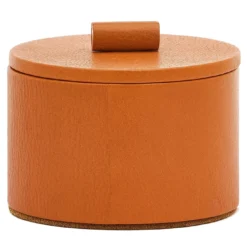 Piccola scatola per gioielli rotonda in pelle color caramello