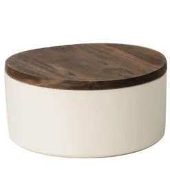 Piccolo contenitore rotondo in ceramica con coperchio in legno