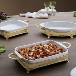 Pirofila rettangolare con supporto dorato a due maniglie