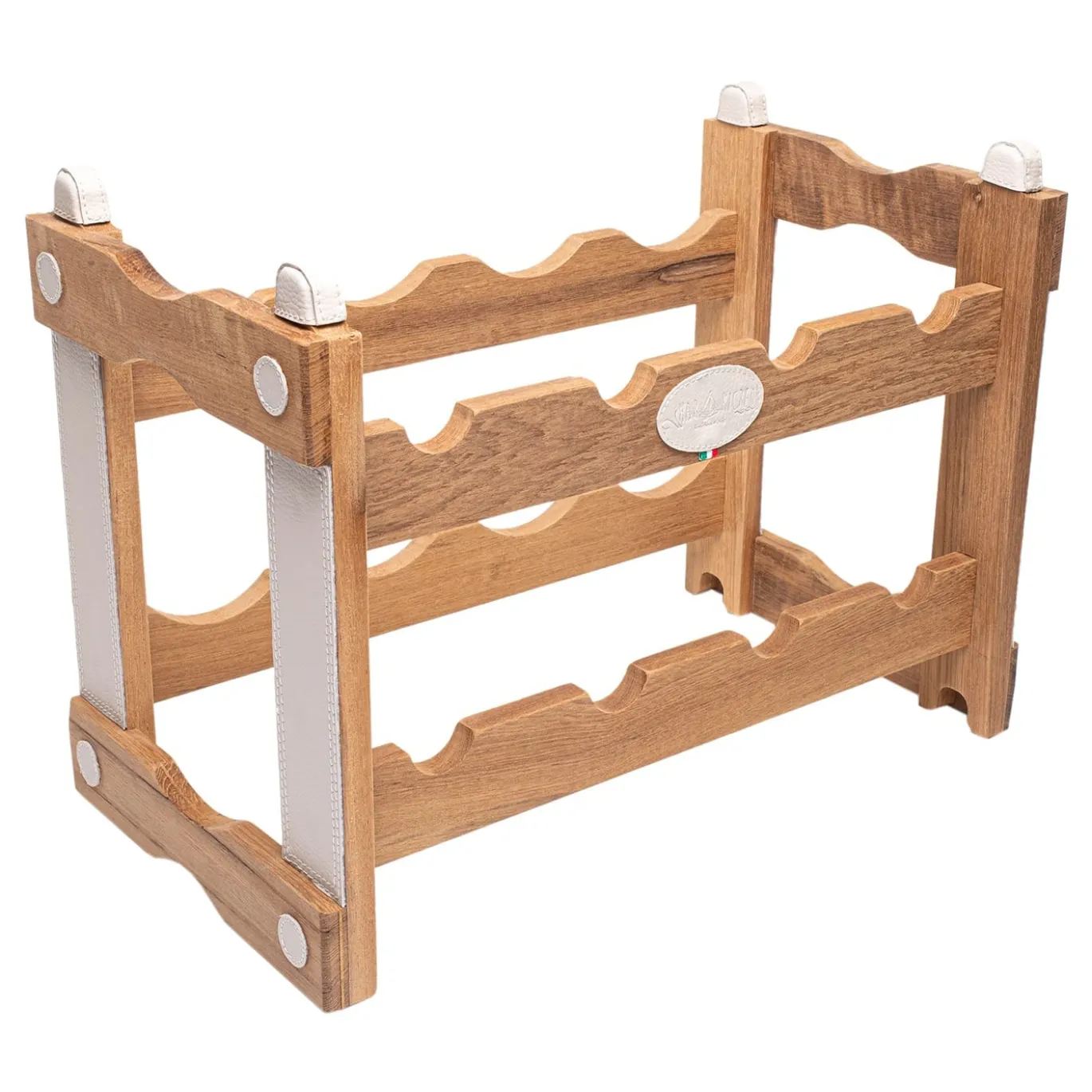 Portabottiglie in teak con inserti in ecopelle color crema