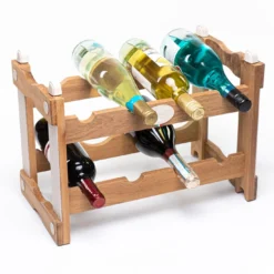 Portabottiglie in teak con inserti in ecopelle color crema