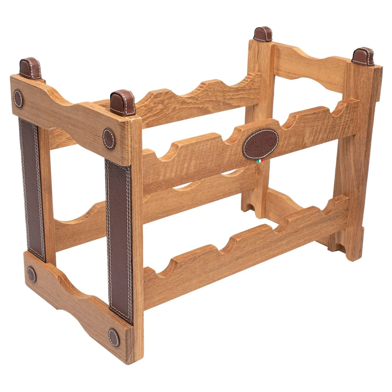 Portabottiglie in teak con inserti in ecopelle beige