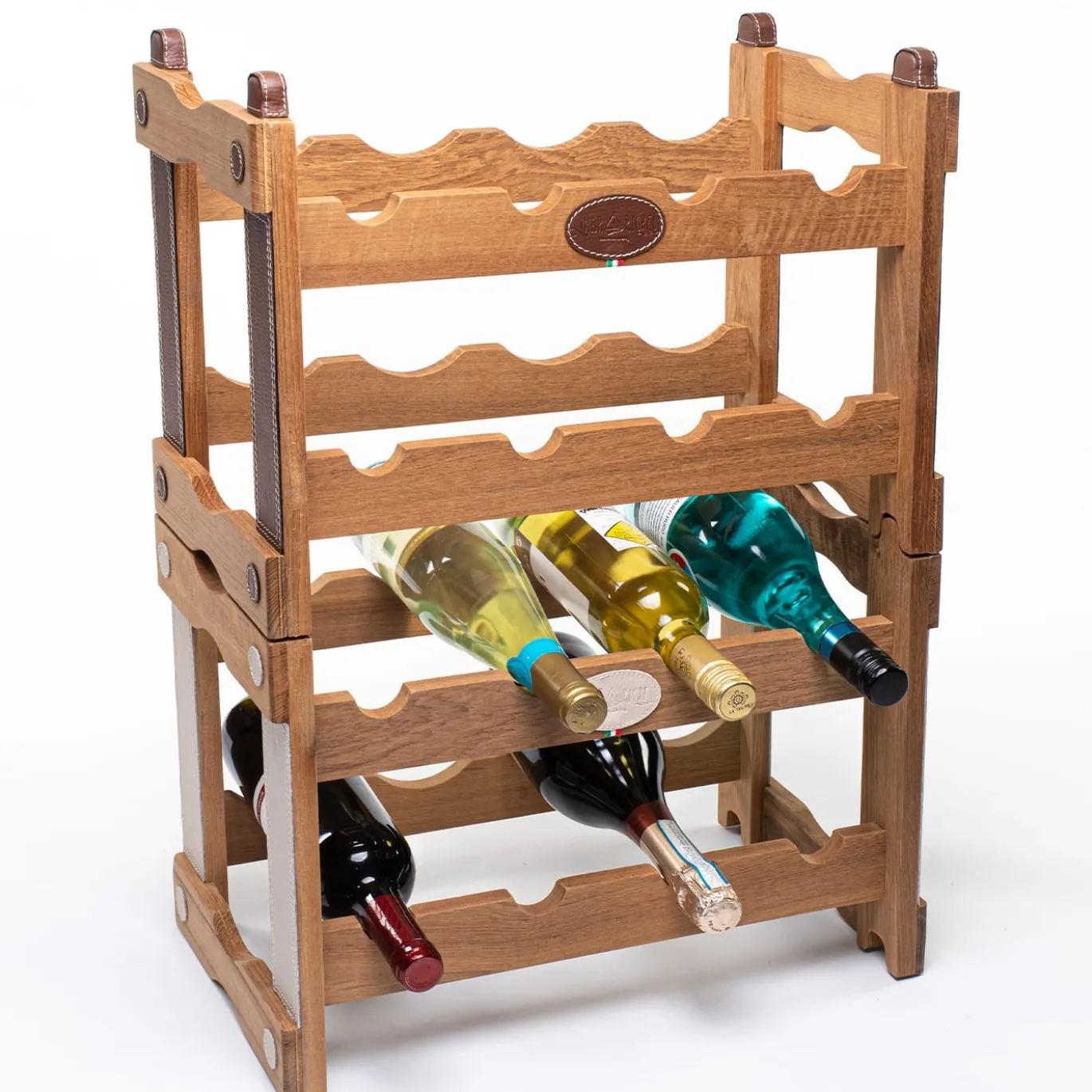 Portabottiglie in teak con inserti in ecopelle beige