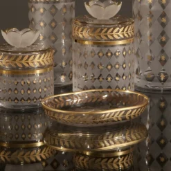Portasapone in vetro con foglie d'oro e d'alloro