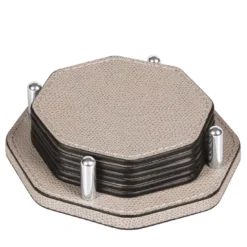 Portasottobicchieri David Ottagonale con 6 Sottobicchieri Tao in Pelle Beige