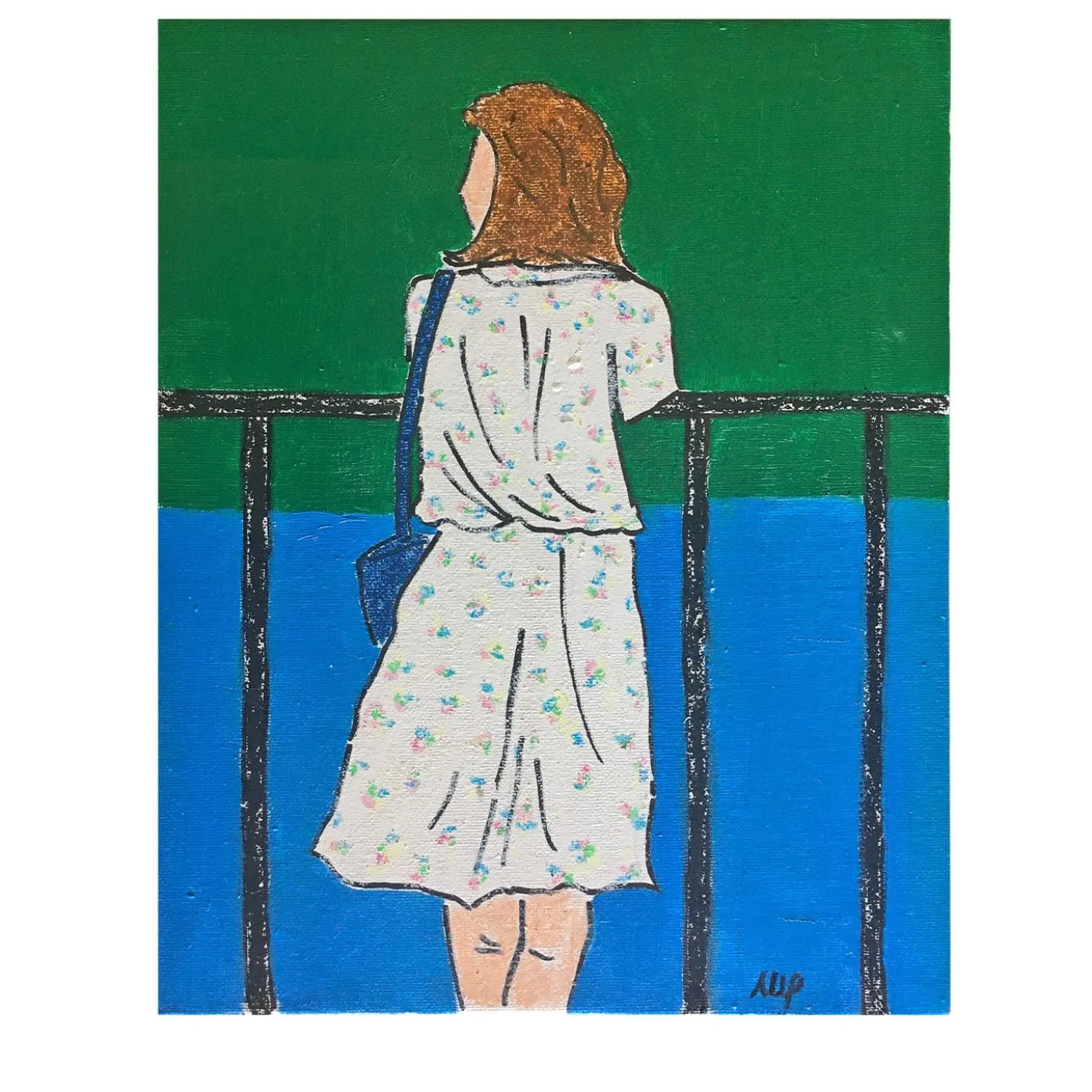 Ragazza con borsa blu pittura