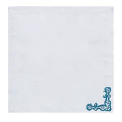 Rinascimento Set di 2 tovaglioli di lino bianco ricamati in blu