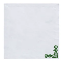 Rinascimento Set di 2 tovaglioli di lino bianco ricamati in verde