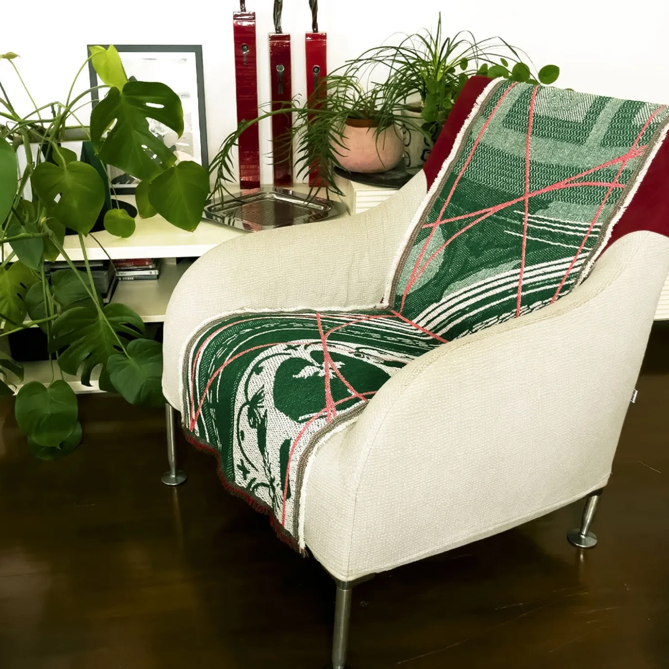 Runner double face Borromini in verde pino e rosso ciliegia
