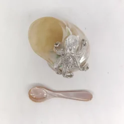 Saliera bianca in conchiglia e argento con cucchiaio in madreperla