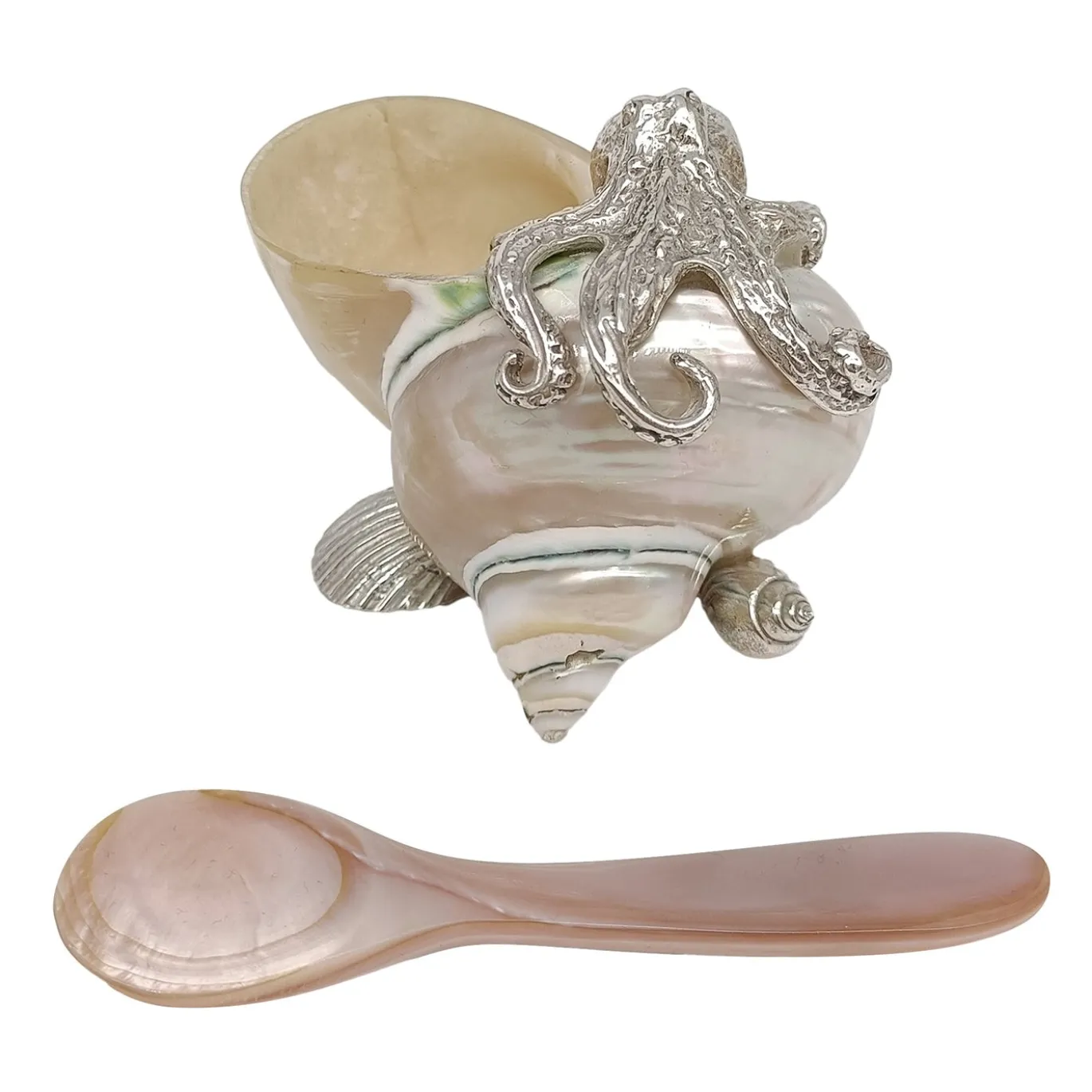 Saliera bianca in conchiglia e argento con cucchiaio in madreperla