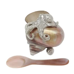 Saliera in conchiglia e argento con cucchiaio in madreperla